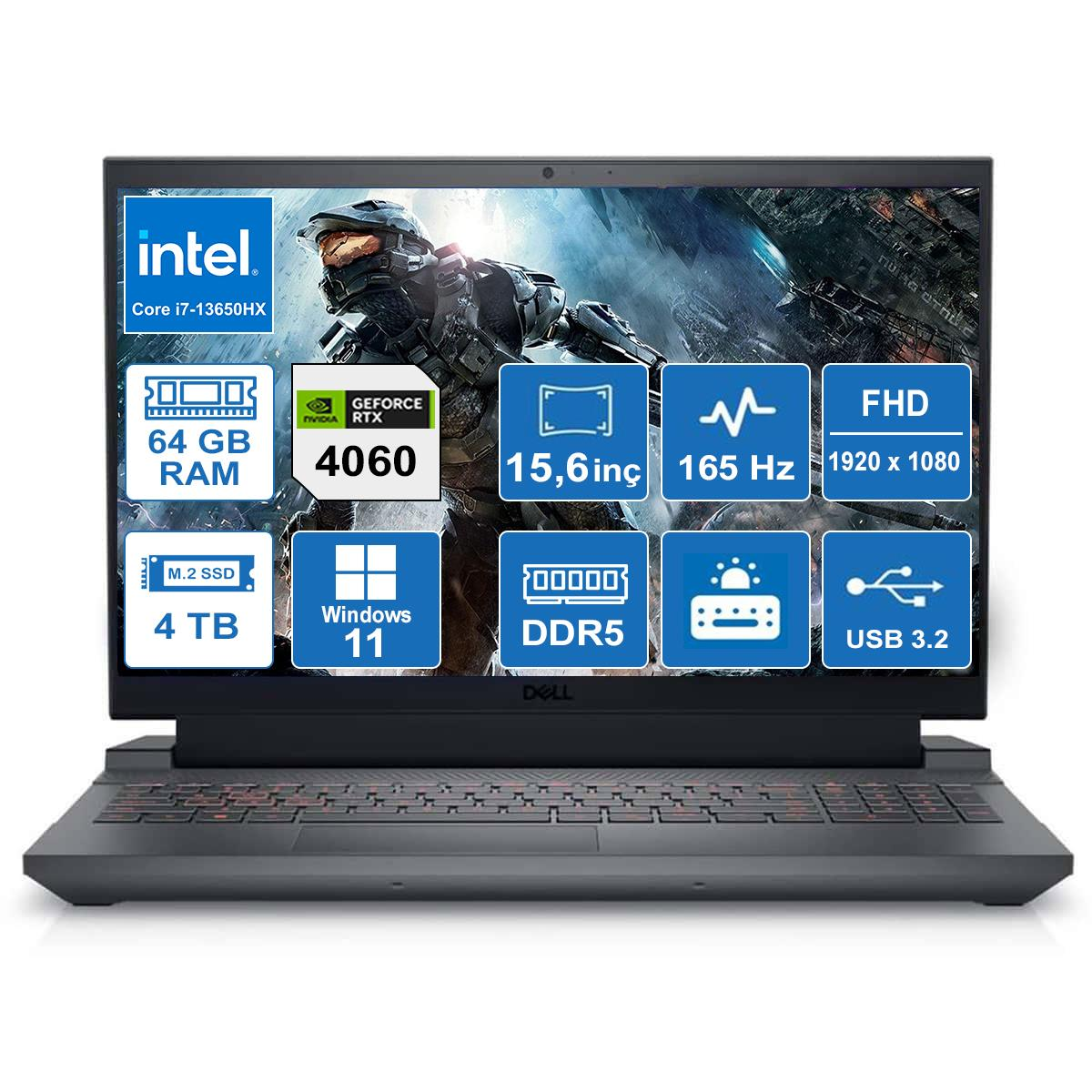 DELL NB GAMING G15 5530 G155530013UV3 İ7-13650HX 64GB DDR5 4TB SSD RTX4060 15.6'' W11P TAŞINABİLİR BİLGİSAYAR
