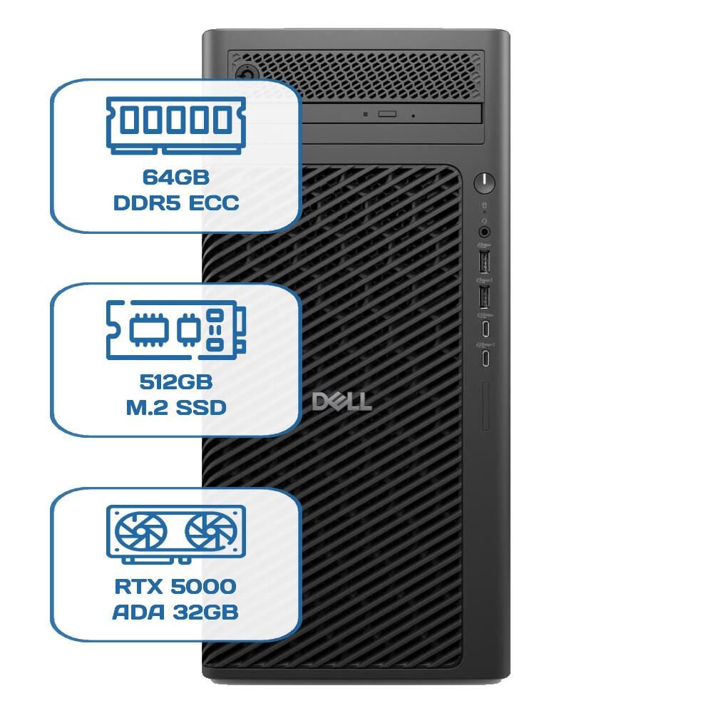 DELL PRO MAX TOWER T2 CORE ULTRA 9 285K 64GB ECC RAM 512GB M.2 SSD RTX 5000 ADA 32GB W11P WS