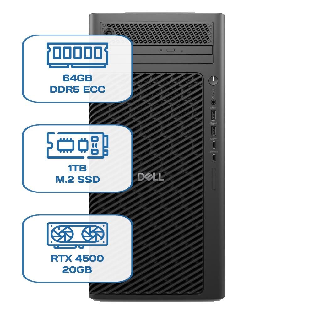 DELL PRO MAX TOWER T2 CORE ULTRA 9 285K 64GB ECC RAM 1TB M.2 SSD RTX 4500 20GB W11P WS