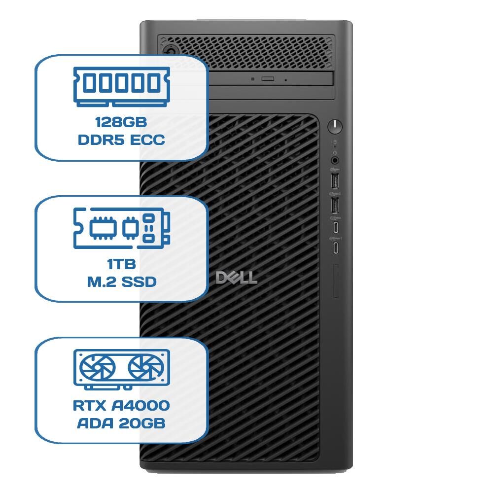 DELL PRO MAX TOWER T2 CORE ULTRA 9 285K 128GB ECC RAM 1TB M.2 SSD RTX A4000 ADA 20 GB W11P WS