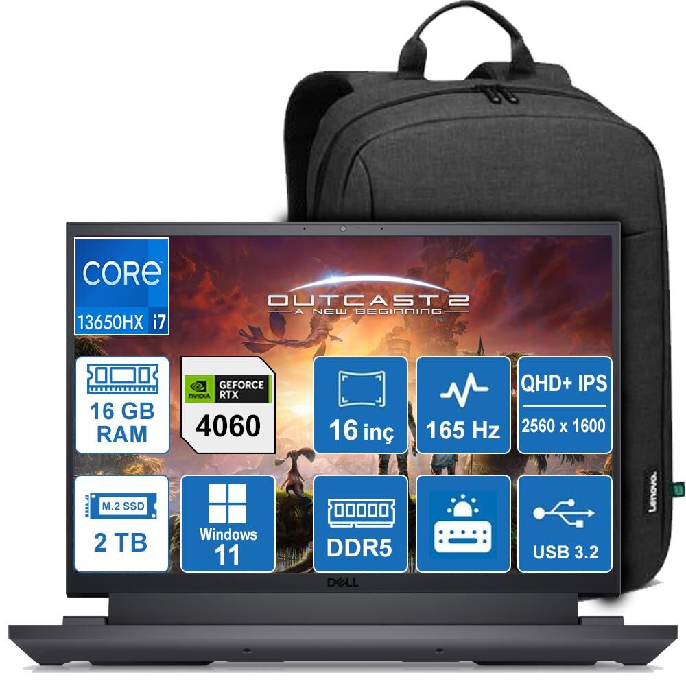DELL GAMING G16 7630 İ7-13700HX/16GB/2TB/8GB RTX4060/W11P/16'' TAŞINABİLİR BİLGİSAYAR G76302401010U + Sırt Çantası Hediye
