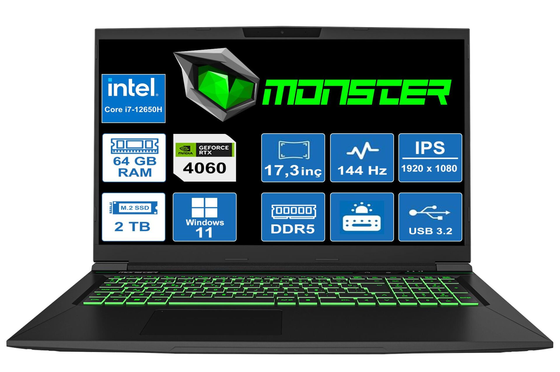 TULPAR T7 V20.7.2 İ7-12650H/64GB/2TB/8GB RTX4060/W11P/17.3'' TAŞINABİLİR BİLGİSAYAR