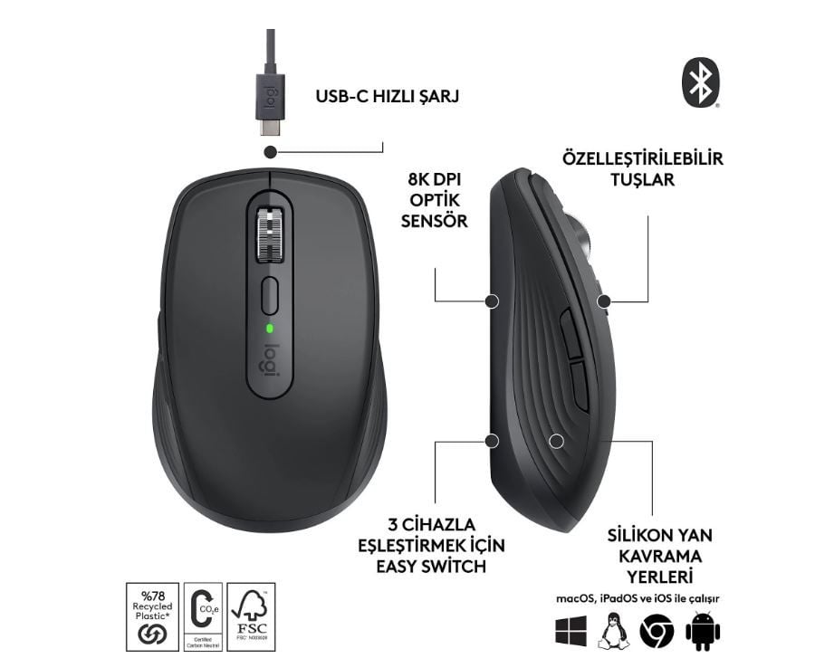 LOGİTECH MX ANYWHERE 3S KOMPAKT 8000 DPI OPTİK SENSÖRLÜ SESSİZ BLUETOOTH KABLOSUZ MOUSE - SİYAH
