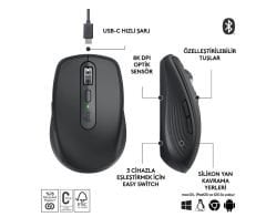 LOGİTECH MX ANYWHERE 3S KOMPAKT 8000 DPI OPTİK SENSÖRLÜ SESSİZ BLUETOOTH KABLOSUZ MOUSE - SİYAH