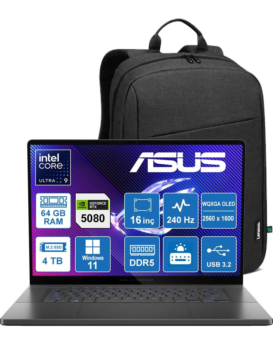 ASUS ROG ZEPHYRUS G16 GU605CW-QR158 ULTRA 9-285H/64GB/4TB/RTX5080/W11P/16'' WQXGA TAŞINABİLİR BİLGİSAYAR + Sırt Çantası Hediye