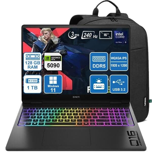 HP OMEN 16-AH0010NT B92QNEA 9-275HX/128GB/1TB/RTX5090 16GB/W11P/ 16'' 2K (1920 X 1200) TAŞINABİLİR BİLGİSAYAR + Sırt Çantası Hediye