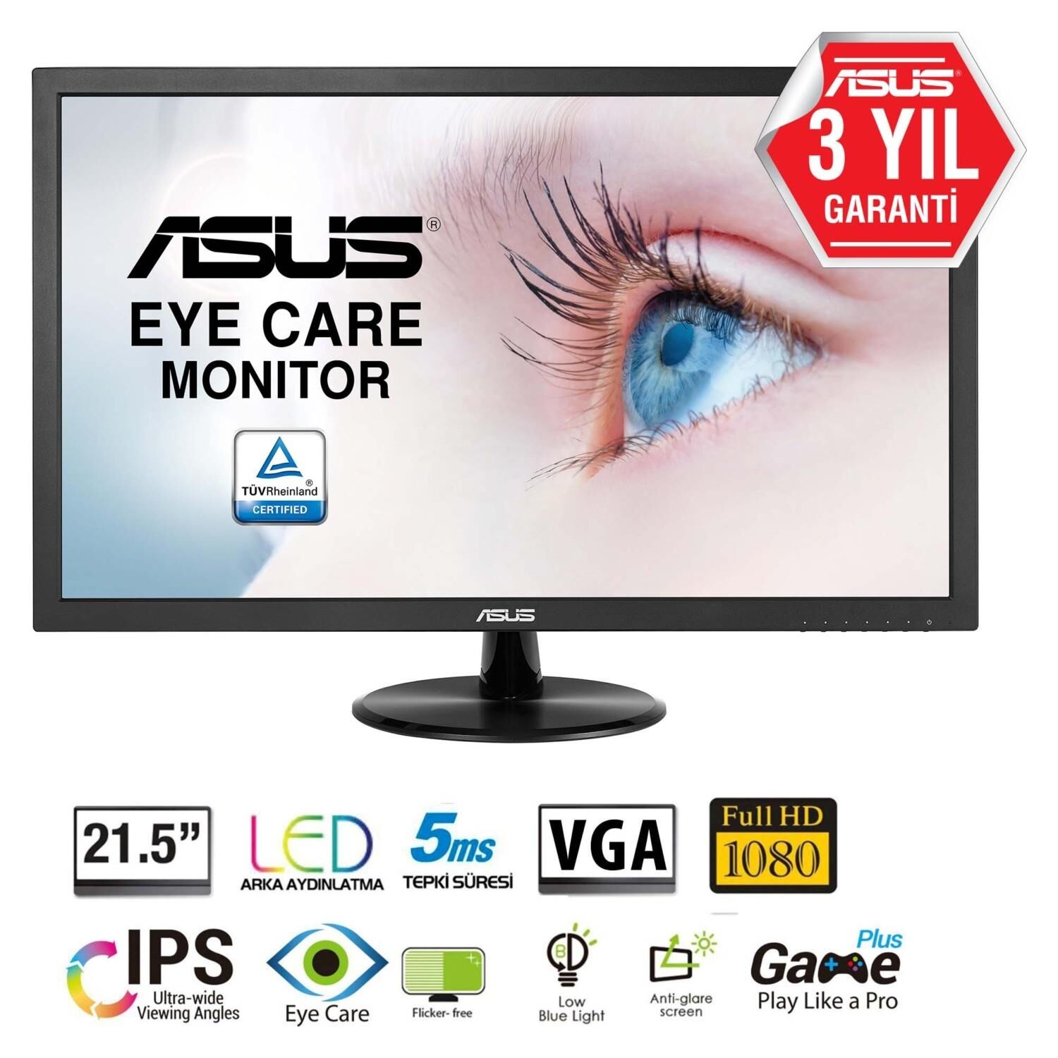 ASUS VP228DE 21.5''FHD 1920X1080 5MS VGA EYECARE SİYAH LED MONİTÖR 90LM01K0-B04170