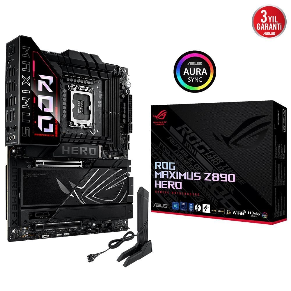 ASUS MB ROG MAXIMUS Z890 HERO LGA1851 DDR5 8800 HDMI 2XUSB4 6X M2 USB3.2 WIFI 7 + BT AURA RGB 5GBİT + 2.5GBİT LAN ATX ANAKART 90MB1ID0-M0EAY0