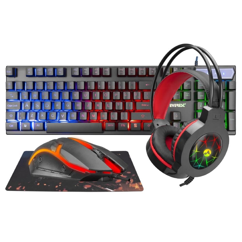 EVEREST KMK-91 ECO GÖKKUŞAĞI AYDINLATMALI USB GAMİNG COMBO 4 İN 1 SET OYUN KLAVYE+MOUSE+PAD+KULAKLIK