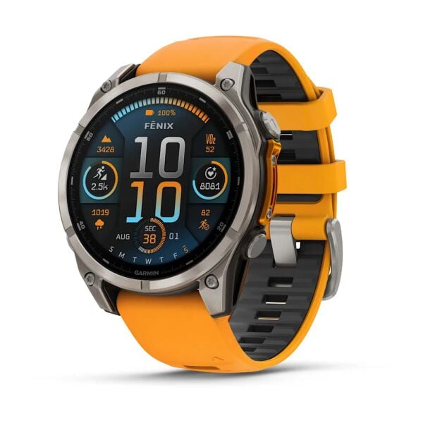 Garmin Fenix 8 – 47 mm AMOLED Sapphire Titanyum Turuncu/Grafit Silikon Kayışlı