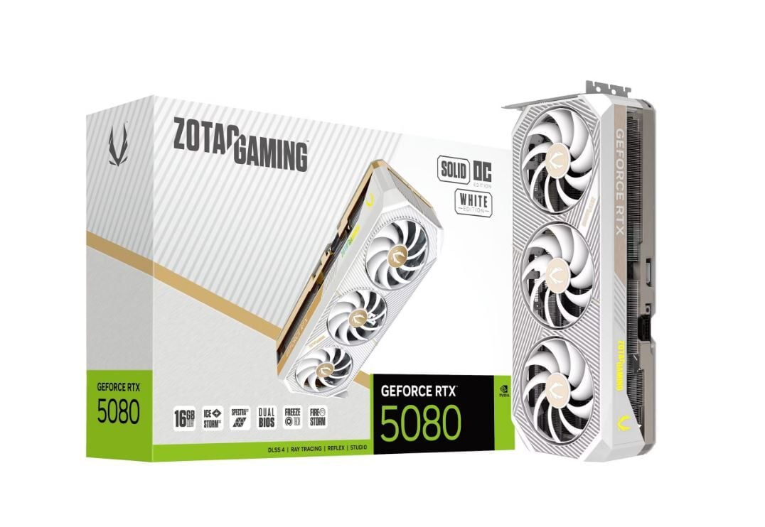 ZOTAC GEFORCE RTX 5080 SOLİD OC WHİTE 16GB GDDR7 PCI-EXPRESS EKRAN KARTI P288-1N762-500Z8 / ZT-B50800Q-10P