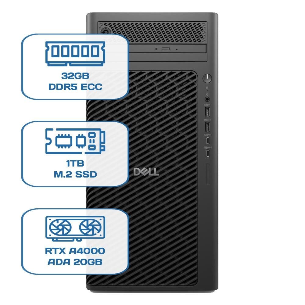 DELL PRO MAX TOWER T2 CORE ULTRA 9 285K 32GB ECC RAM 1TB M.2 SSD RTX A4000 ADA 20 GB W11P WS
