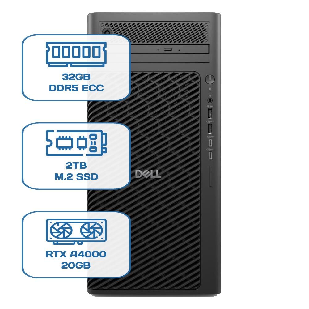 DELL PRO MAX TOWER T2 CORE ULTRA 9 285K 32GB ECC RAM 2TB M.2 SSD RTX A4000 20 GB W11P WS