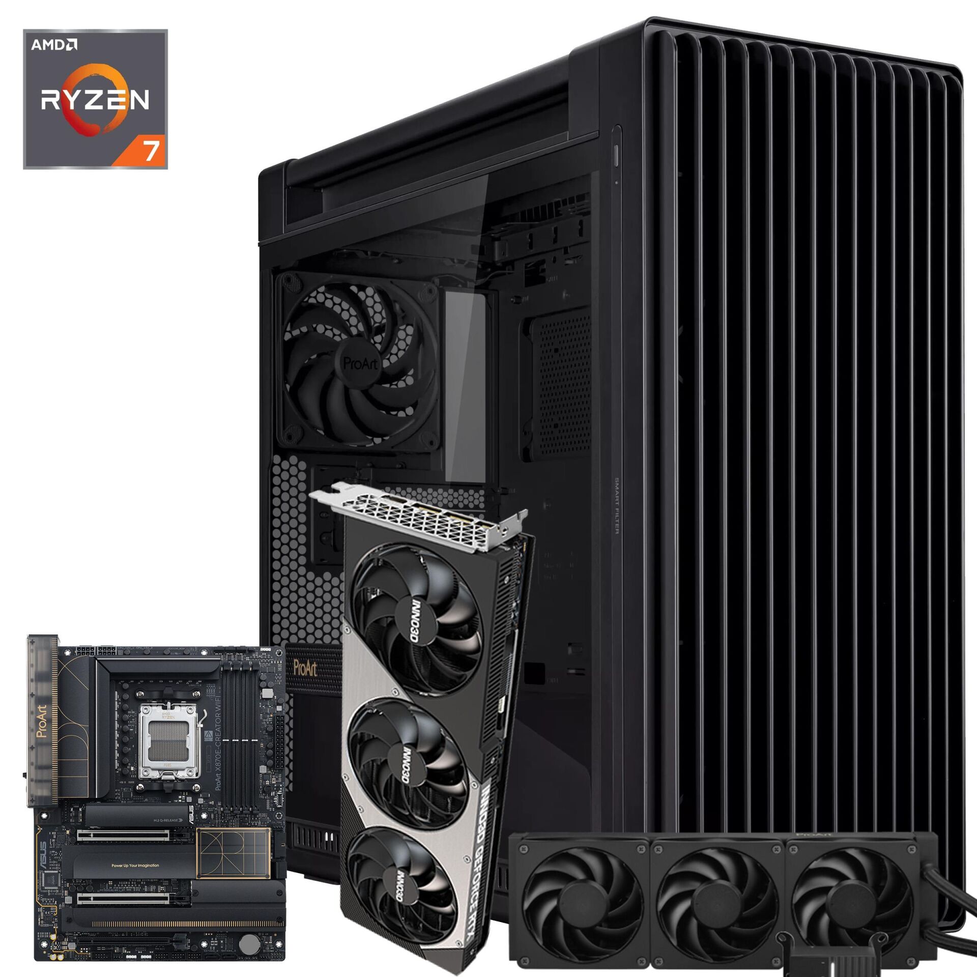 ProArt AMD Ryzen 7 9800X3D 96GB RAM 2TB M.2 SSD 8TB HDD INNO3D RTX5080 x3 OC