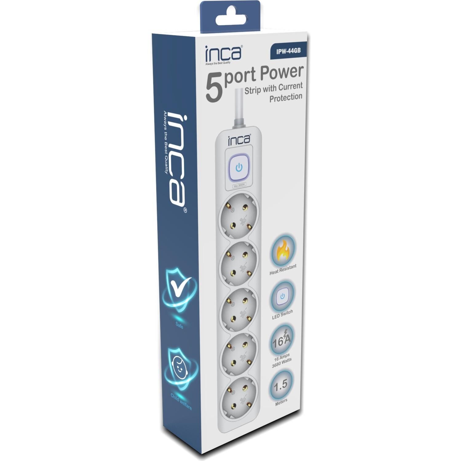 İNCA IPW-44GB 5 PORT AKIM KORUMALI LED TUŞLU PRİZ 1.5M - BEYAZ